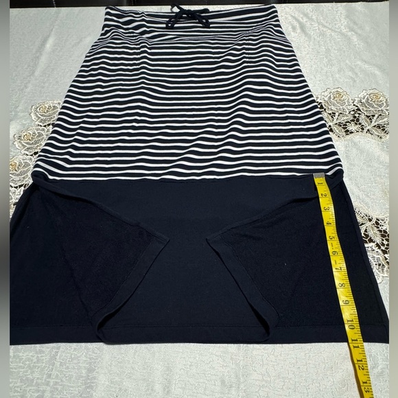 Talbots Women LP Stretchy Striped Navy Blue/White Shirt Sleeve Maxi Dress Slits - Picture 7 of 13